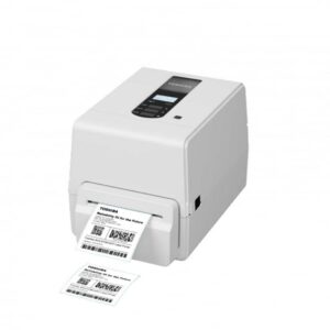 Imprimante de bureau Toshiba BV410T blanche imprimant des étiquettes avec code-barres.