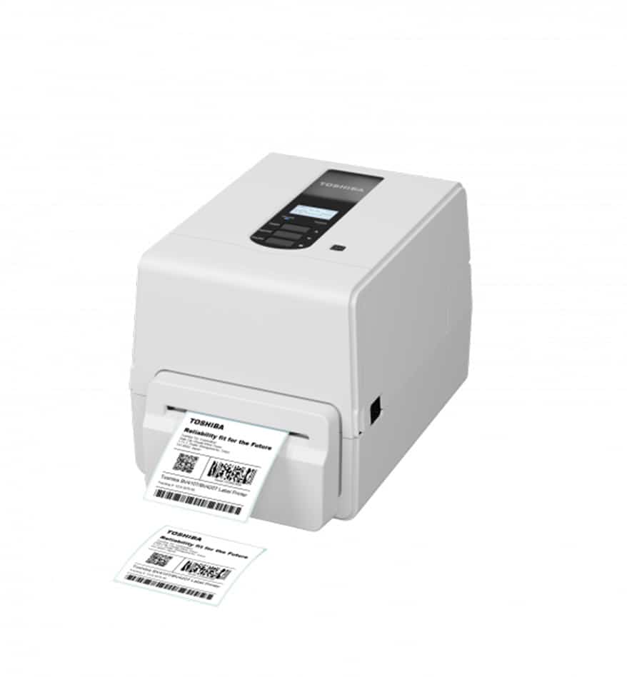 Imprimante de bureau Toshiba BV410T blanche imprimant des étiquettes avec code-barres.