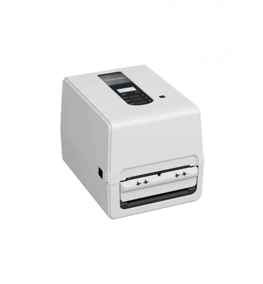 Imprimante de bureau Toshiba BV410T blanche, vue en perspective.