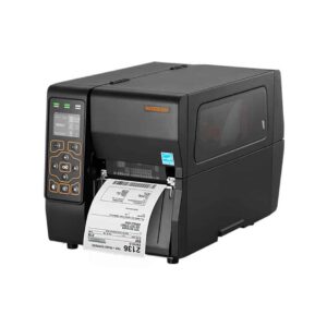 Imprimante industrielle Bixolon XT3-40 noire imprimant une étiquette d'expédition.