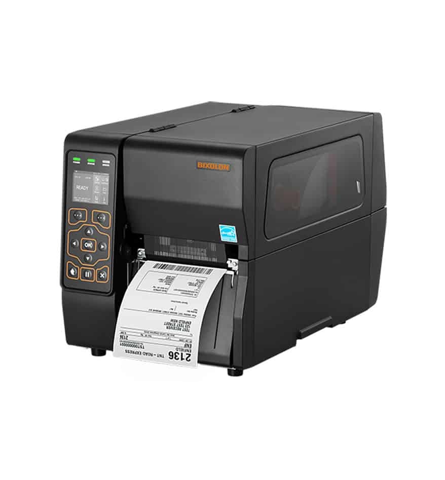 Imprimante industrielle Bixolon XT3-40 noire imprimant une étiquette d'expédition.