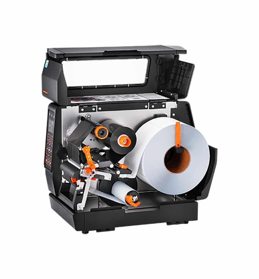Imprimante industrielle Bixolon XT3-40 ouverte, montrant le rouleau d'étiquettes et le mécanisme interne.