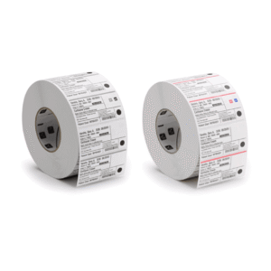 Rouleaux d'étiquettes papier médicales imprimées avec informations patient et médicament.