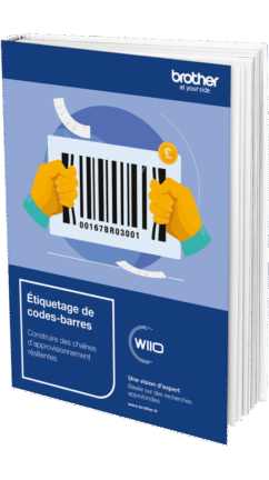 A book cover featuring a barcode held by two hands, with French text about barcode labeling and supply chain resilience by Brother.