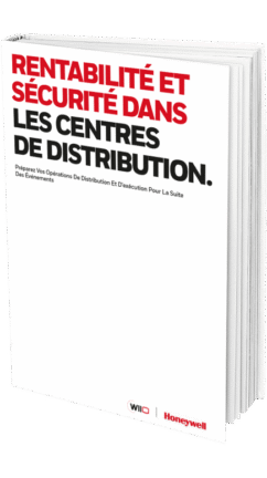 Couverture de livre avec un texte en français en caractères gras rouges, noirs et gris, intitulé "Rentabilité et sécurité dans les centres de distribution". Les logos de Wiio et Honeywell apparaissent au bas de la couverture.