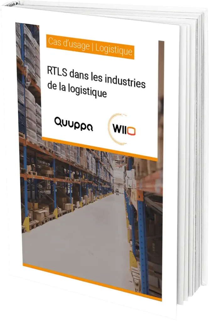 Couverture du livre blanc "RTLS dans les industries de la logistique" de Quuppa et WIIO. Livres blancs sur la logistique.