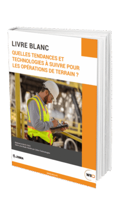 A man in safety gear uses a tablet in an industrial setting. The French cover text discusses trends and technologies for field operations.