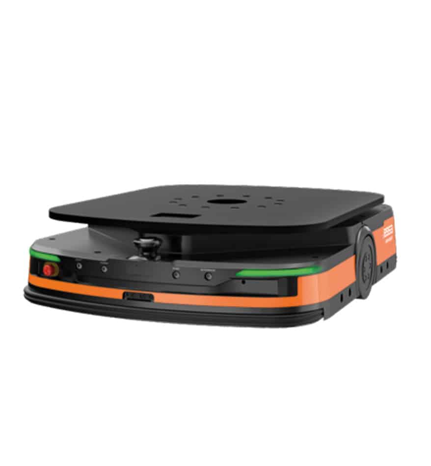 Robot mobile LMR HIKRobot noir et orange sur fond blanc.