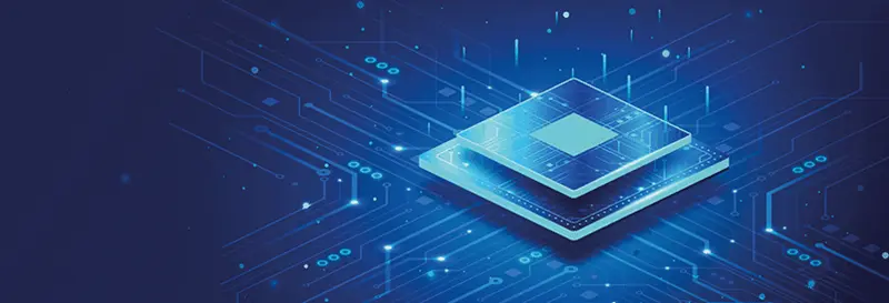 Solution logicielle de tracking vidéo ALTAIIR : puce électronique sur fond bleu.