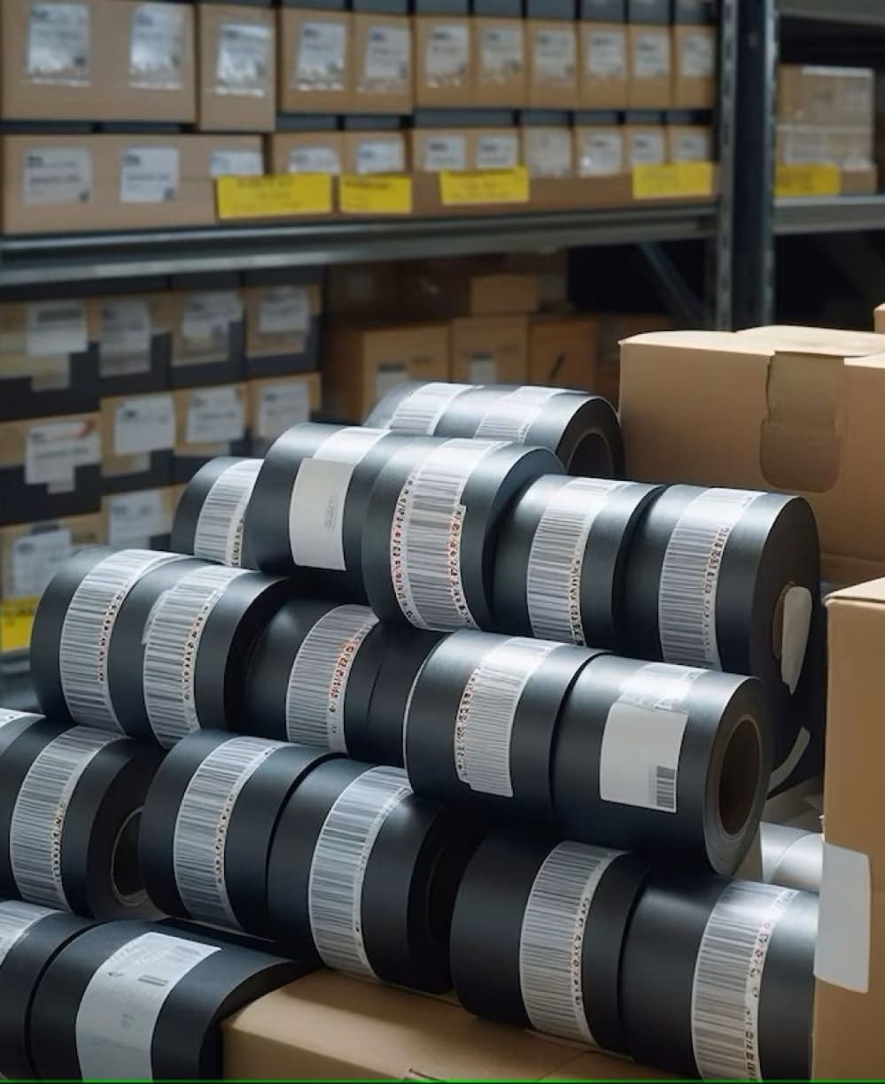 Rouleaux de consommables en stock. Gestion des consommables visible.