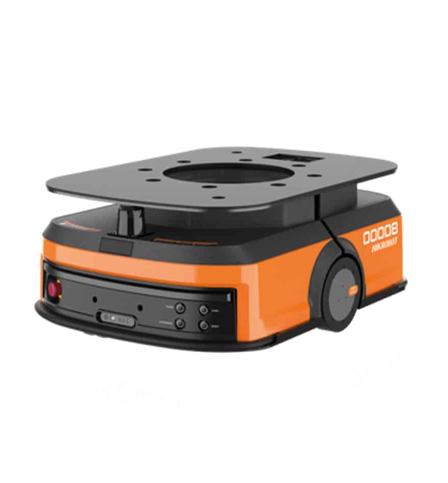 Robot mobile LMR HIKRobot orange et noir avec plateforme supérieure.