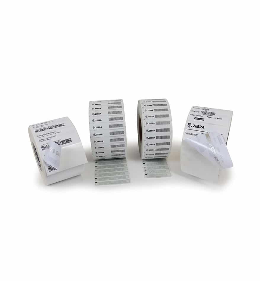 Rouleaux d'étiquettes RFID Zebra, prêts pour l'impression.