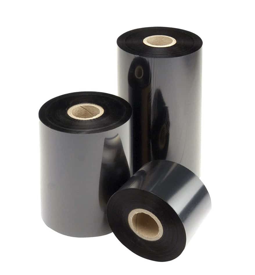 Rouleaux de rubans transfert thermique noirs sur fond blanc.