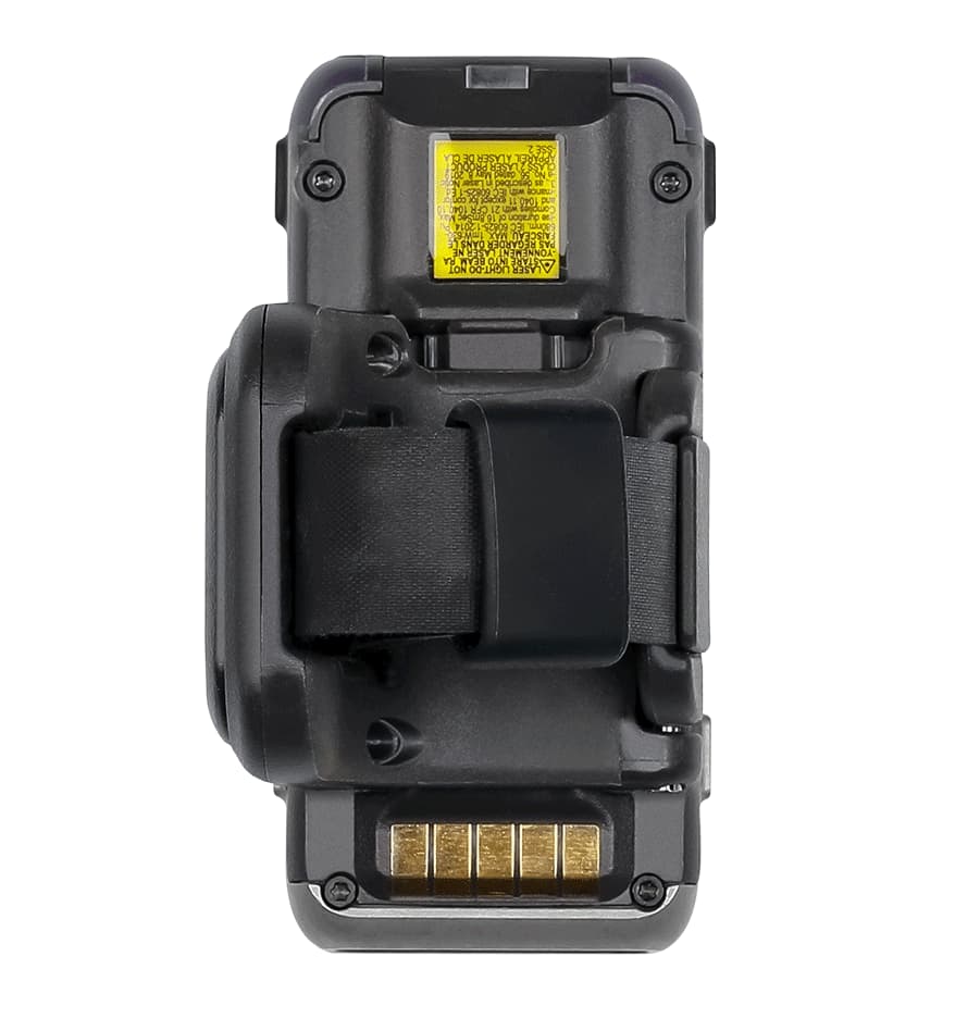 Scanner mains libres Honeywell 8675i, vue arrière avec bracelet. Idéal pour la lecture de codes-barres en entrepôt.