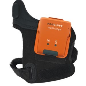 Scanner mains-libres Proglove MARK 3. Appareil orange fixé sur un gant noir.