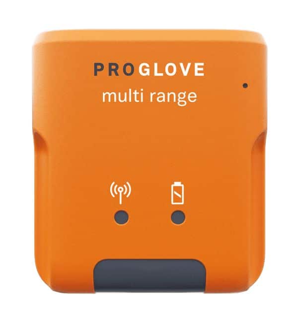 Scanner mains-libres Proglove MARK 3 orange avec icônes batterie et signal.