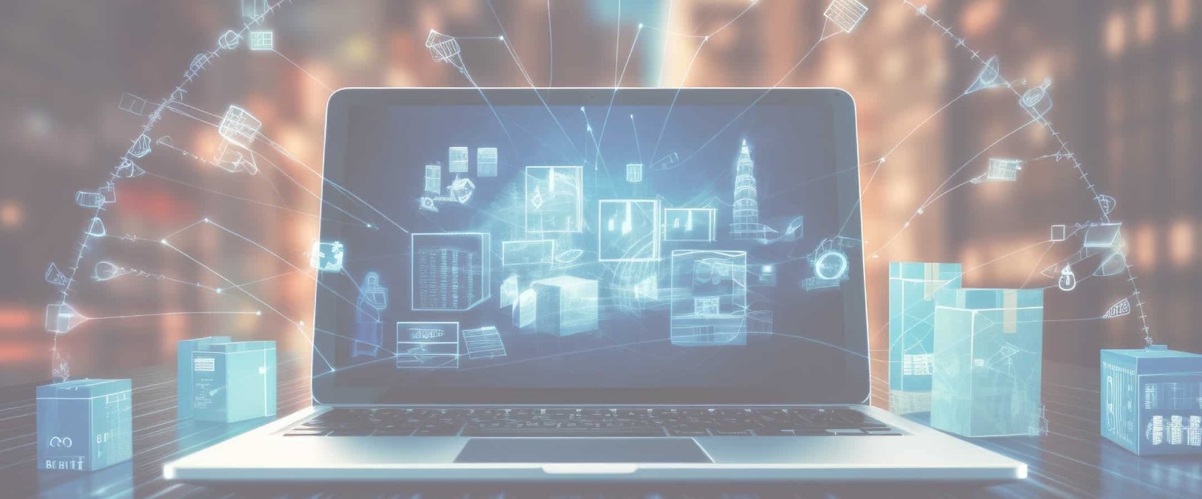 Solutions métiers : ordinateur portable avec visualisation de la supply chain et boîtes.