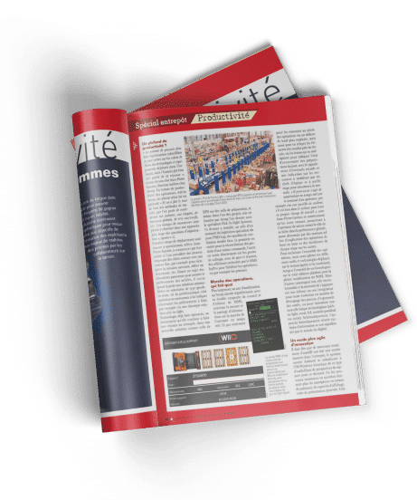 Magazine "Presse" ouvert sur un article d'entrepôt et de productivité.