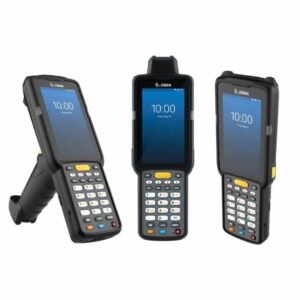 Terminal MC3300x Zebra : trois vues du terminal durci affichant l'heure 10:00.