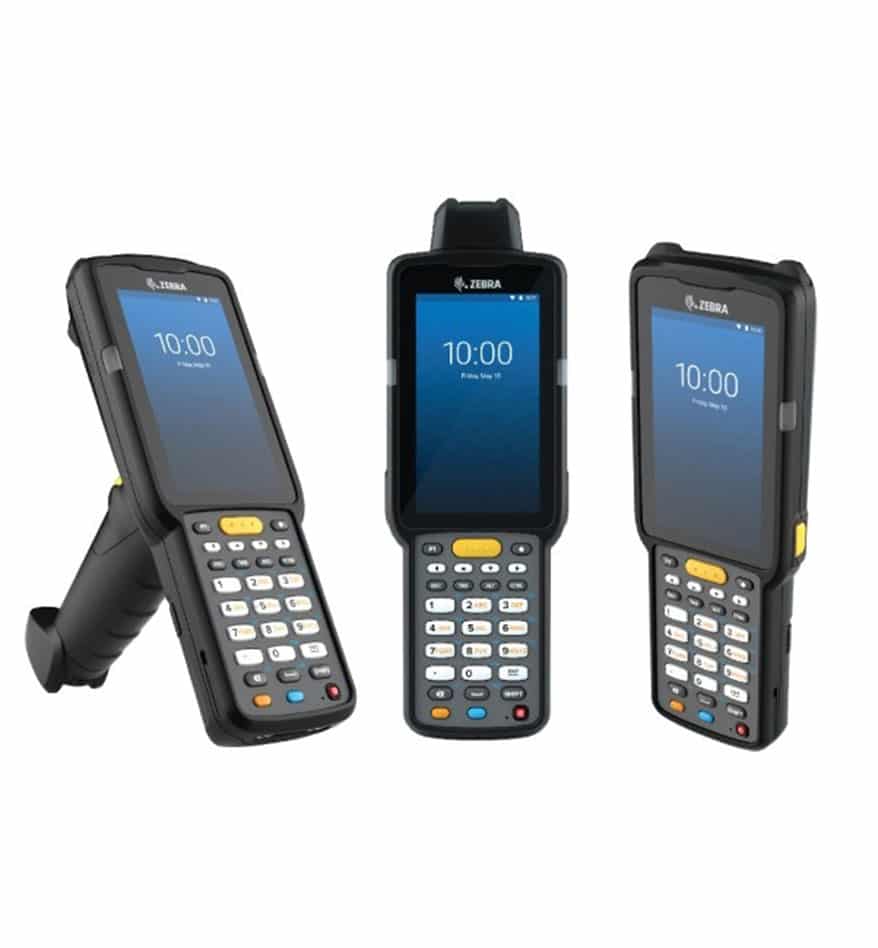 Terminal MC3300x Zebra : trois vues du terminal durci affichant l'heure 10:00.