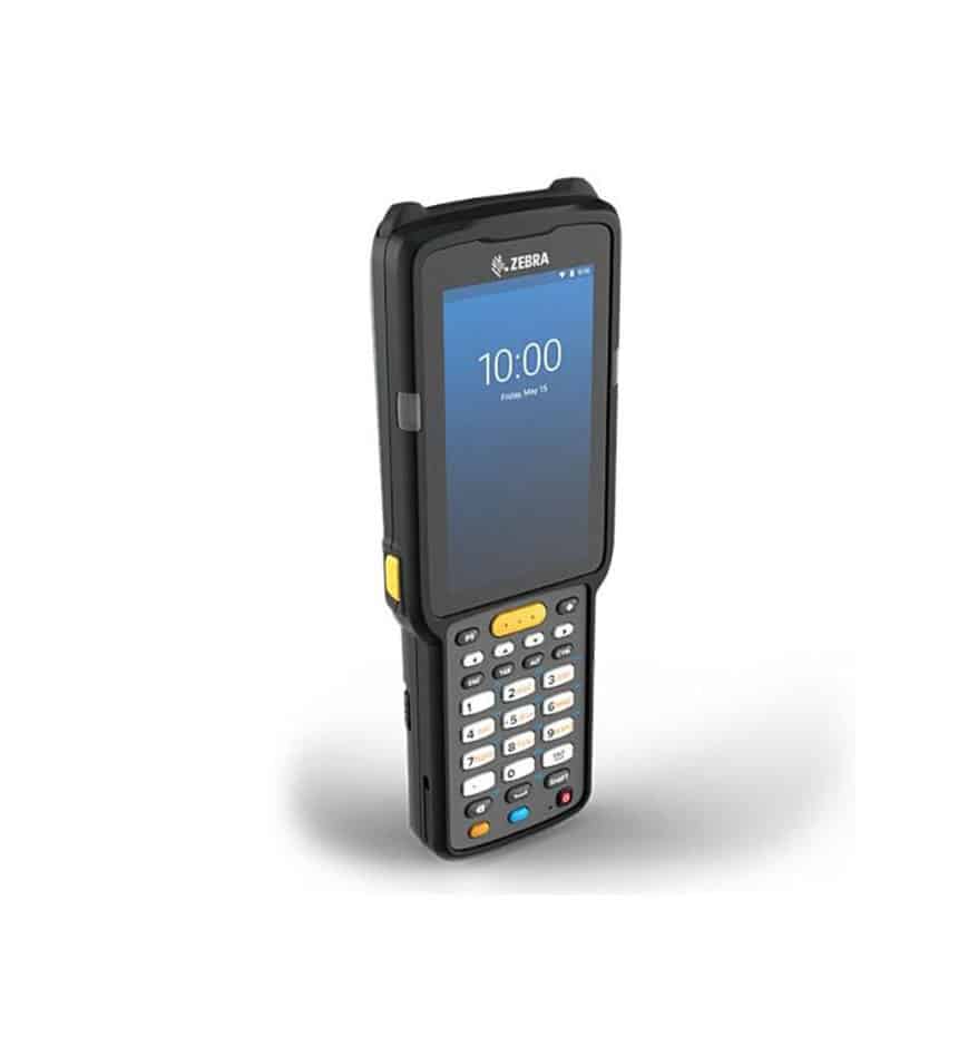 Terminal MC3300x Zebra affichant l'heure 10:00. Un appareil robuste pour les environnements exigeants.