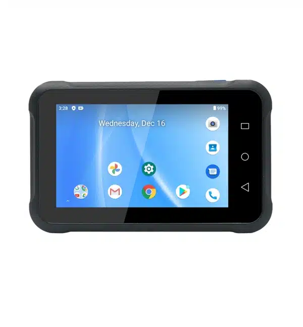 Terminal mains-libres Unitech WD200 avec écran affichant l'écran d'accueil Android.
