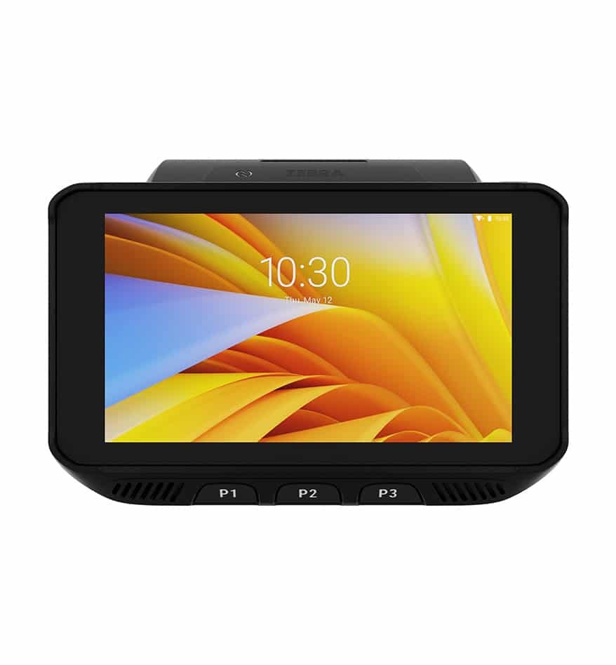 Terminal mains-libres Zebra WT5400 affichant l'heure 10:30 sur un écran jaune et bleu.