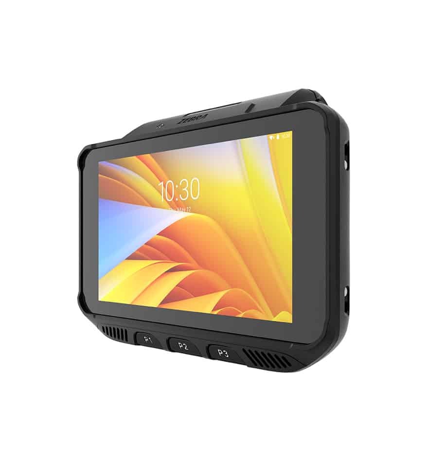 Terminal mains-libres Zebra WT5400 affichant l'heure 10:30. Écran tactile couleur.