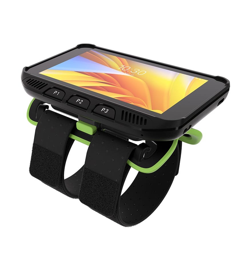 Terminal mains-libres Zebra WT5400 porté au poignet, affichant l'heure 10:30.