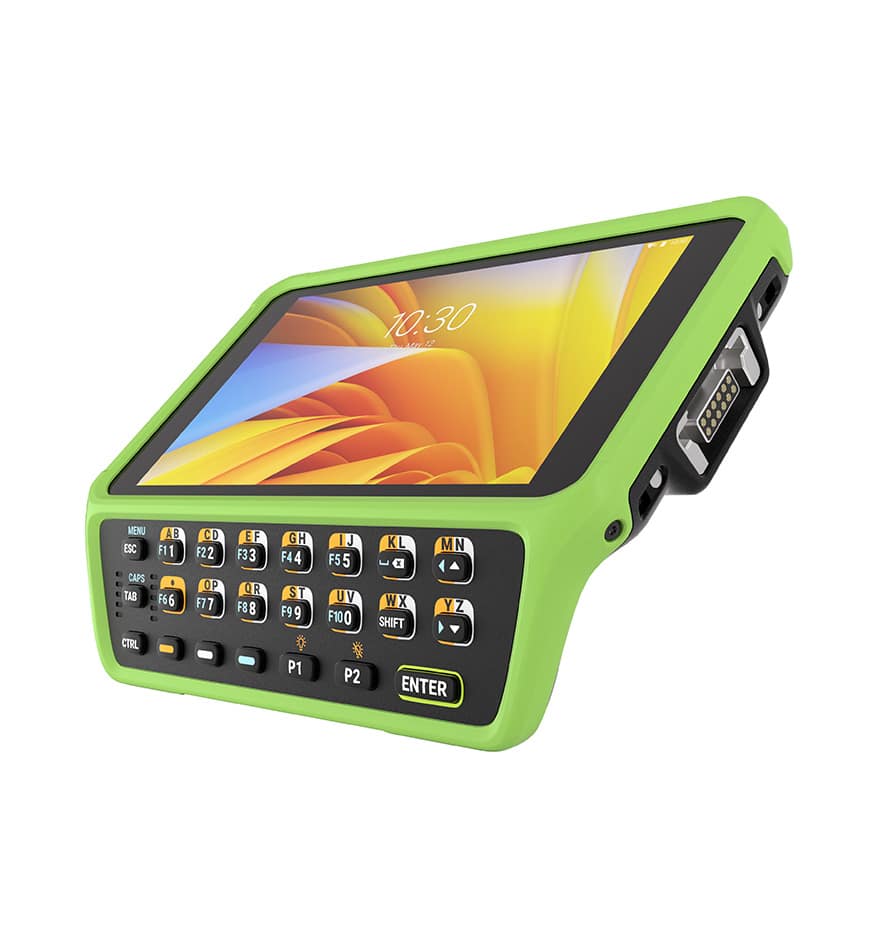 Terminal mains-libres Zebra WT6400 vert affichant l'heure 10:30. Clavier intégré avec touches de fonction et entrée.