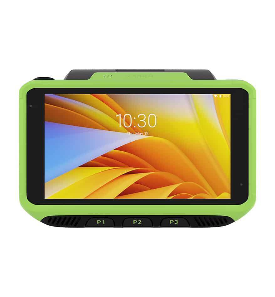 Terminal mains-libres Zebra WT6400 affichant l'heure 10:30 sur un écran jaune et bleu.