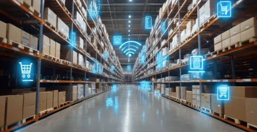 Entrepôt avec géolocalisation indoor IoT, rayonnages et icônes numériques.