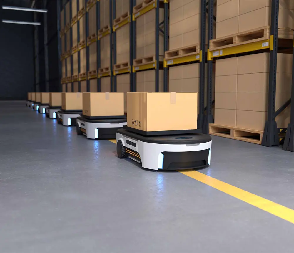 Robots autonomes transportant des cartons dans un entrepôt. Glossaire K-Z.