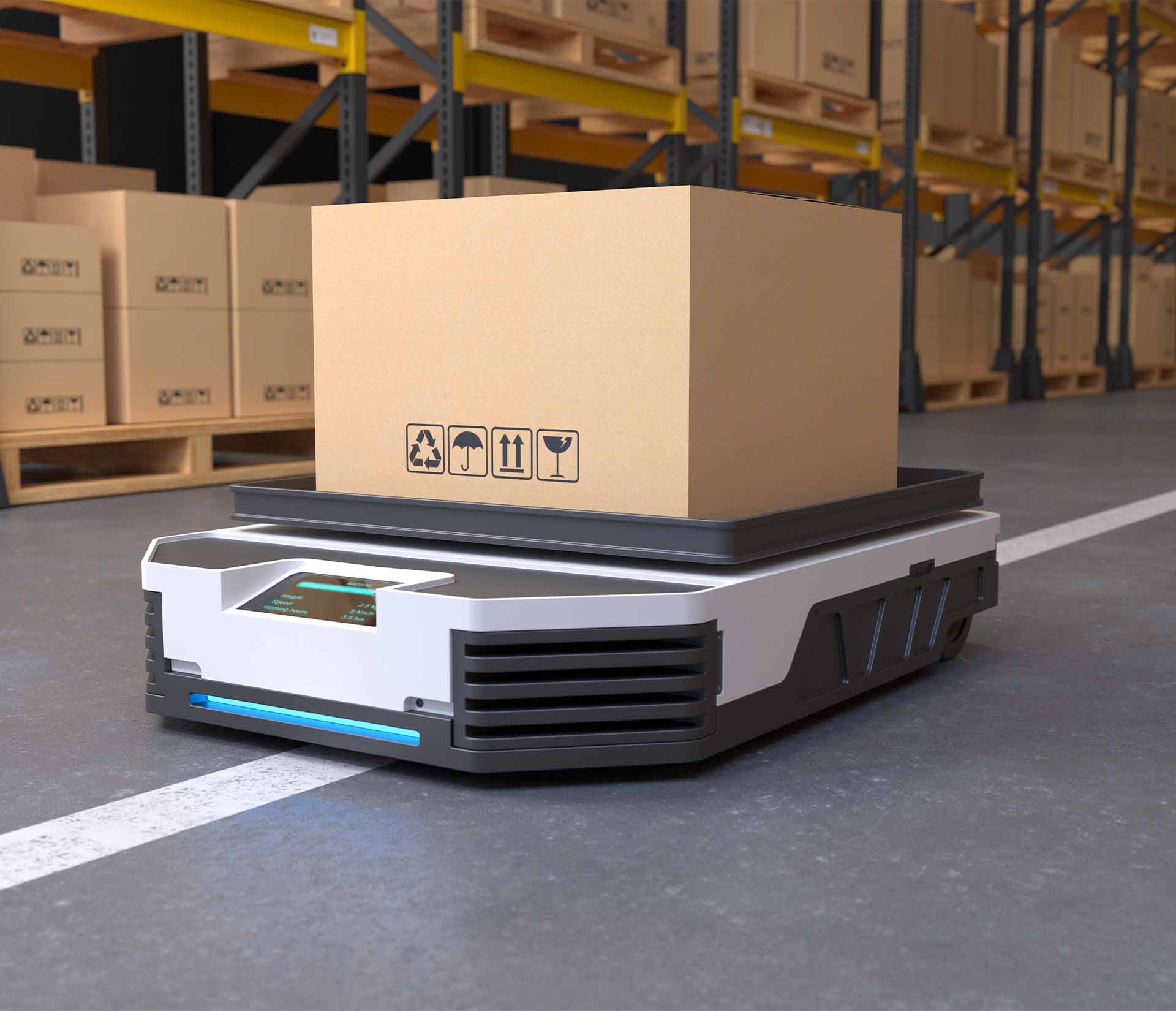 Robot mobile autonome transportant un carton dans un entrepôt. Glossaire K-Z.