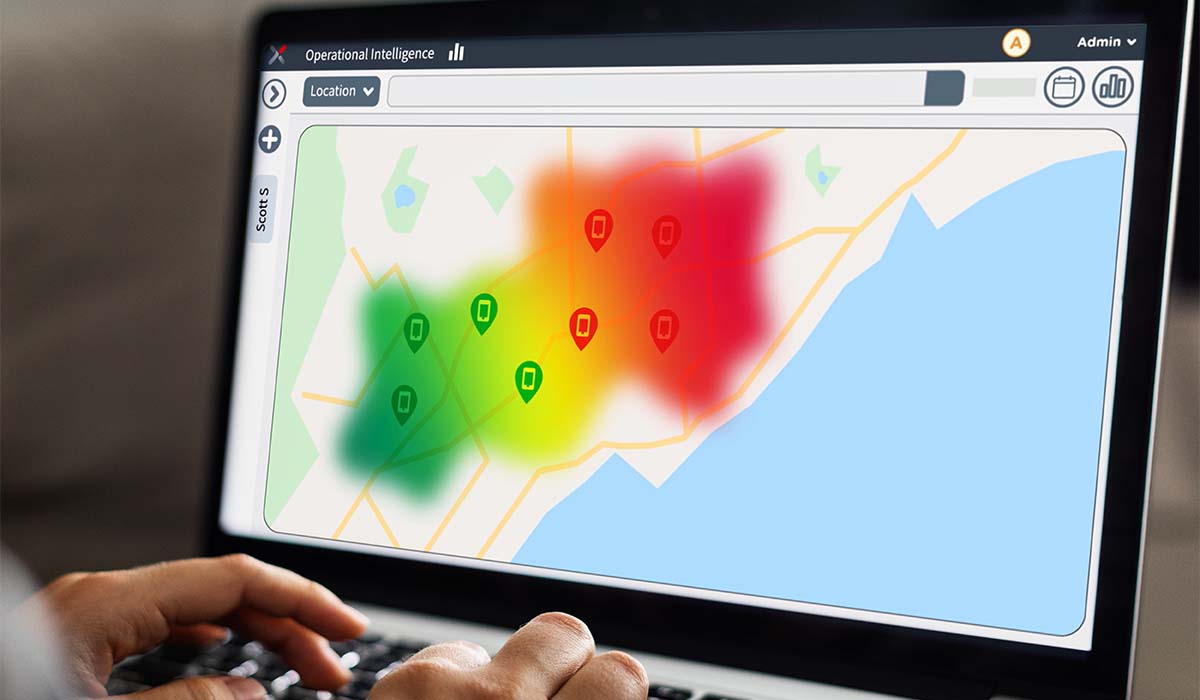 Carte thermique d'une solution logicielle robotique MAEVE, affichant l'activité de la flotte mobile.