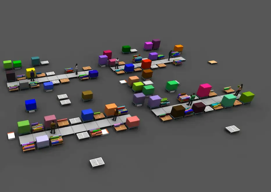 Système "pallet to person" avec des palettes et des opérateurs. Concept "goods to person – flux tendus".