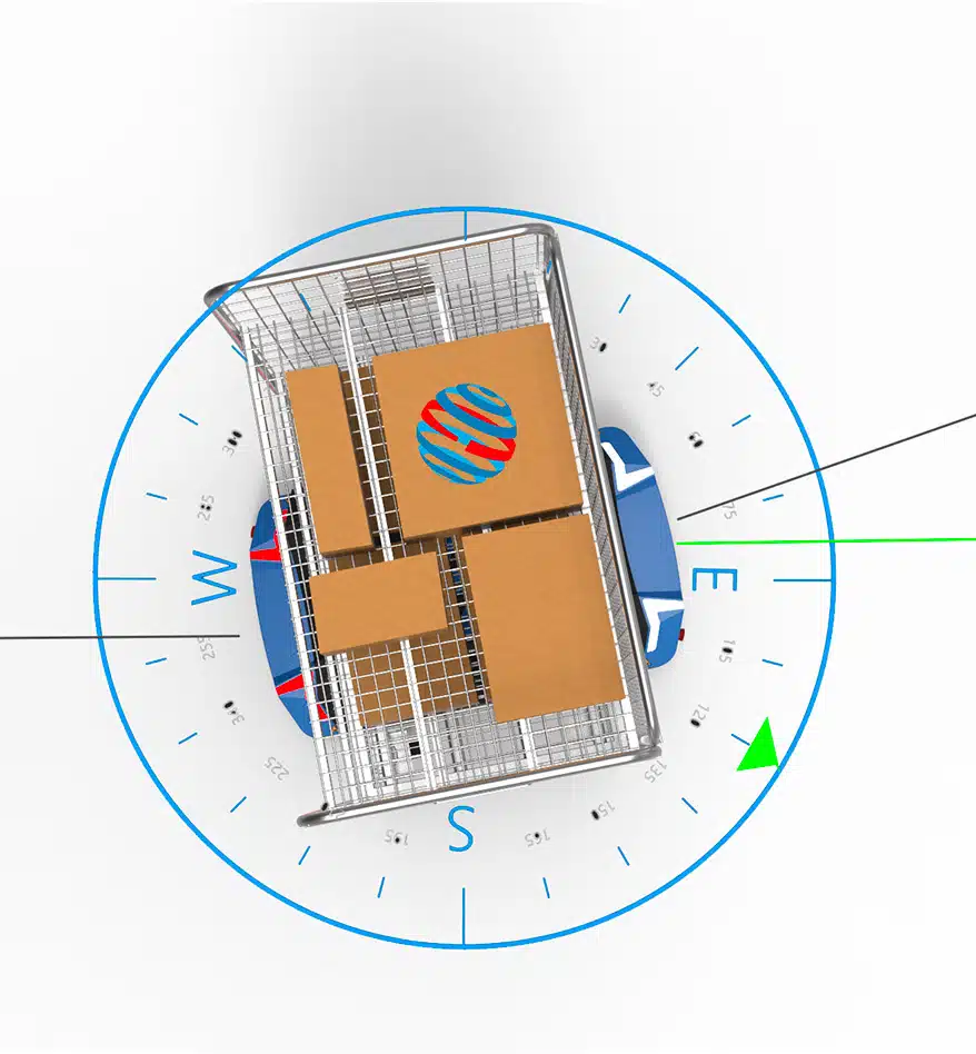 Caddie avec paquets, logo bleu et rouge. Concept de livraison ou d'e-commerce.