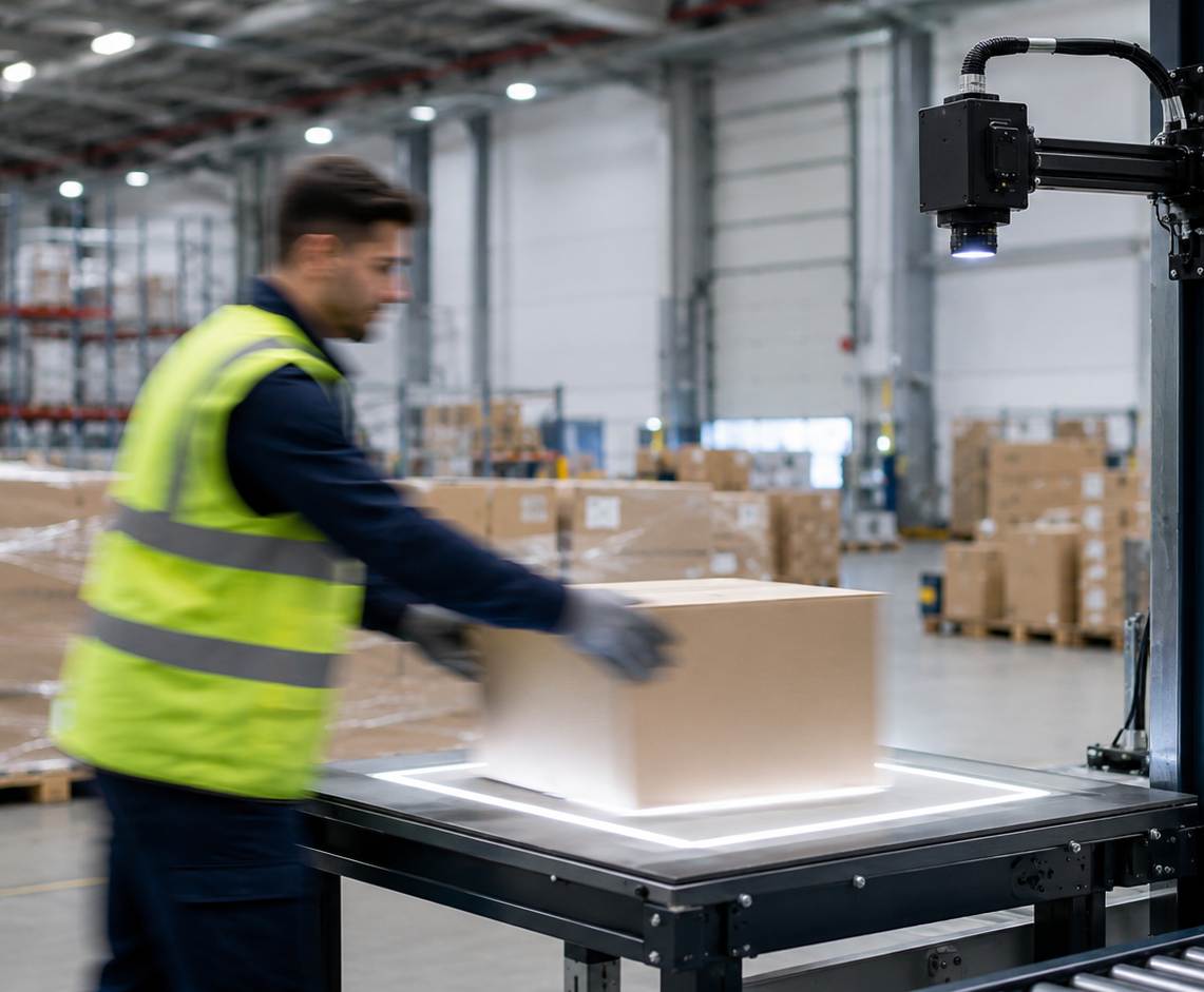 operateur qui scan un carton sous une camera sur une table