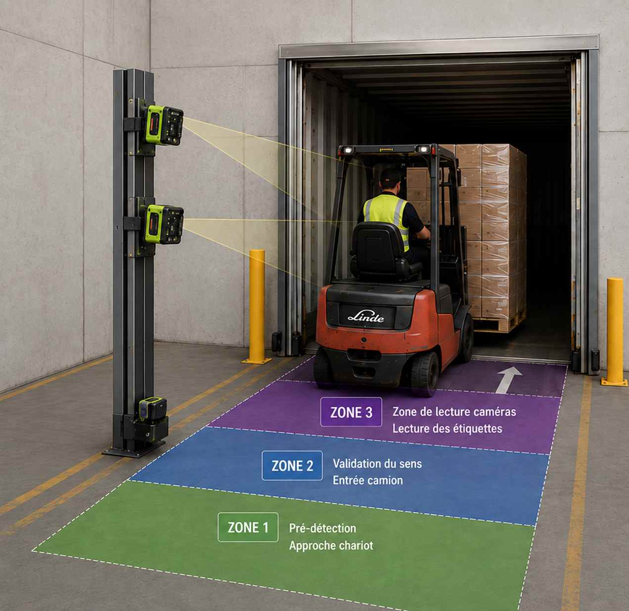 image explicative lidar de la solution avec un operateur qui rentre une palette dans un camion